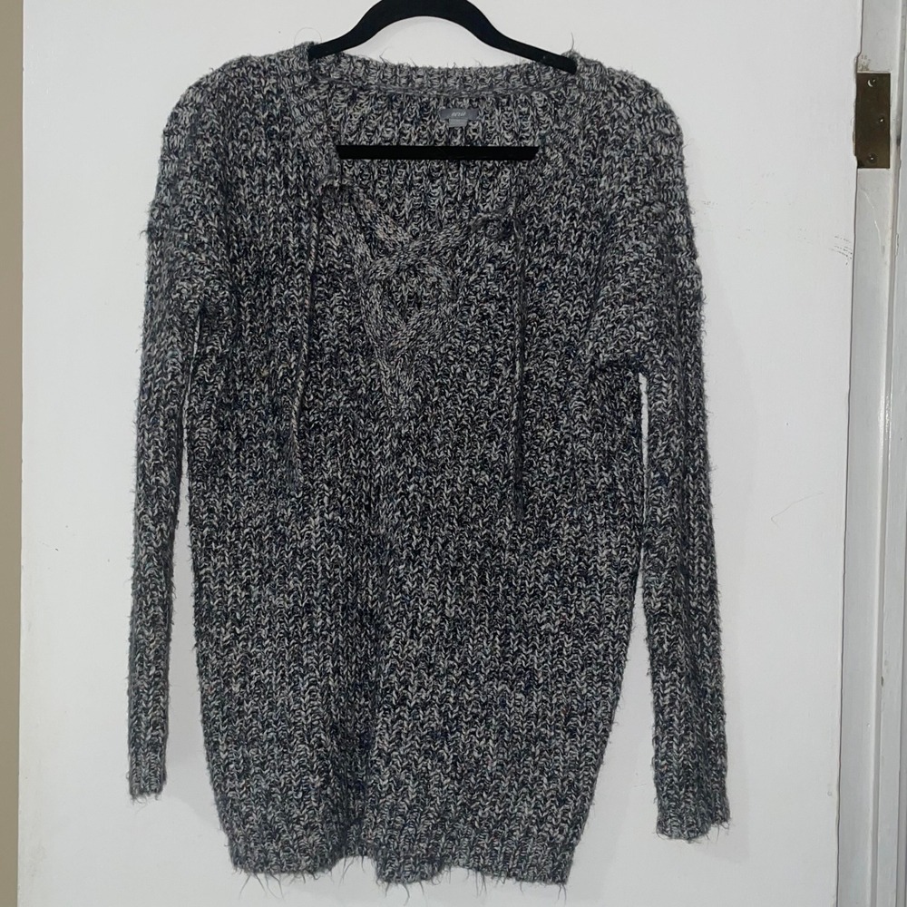 Aerie Oversized Knit Sweater Lace Up‎ Gray Black Multicolor XS Extra Soft